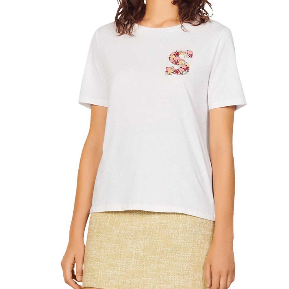 Sandro White Tee with Floral S Logo